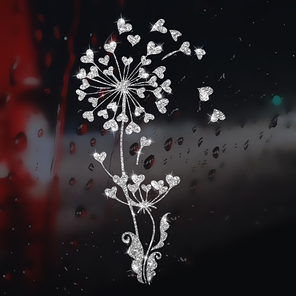 Image of Shiny Heart & Dandelion Flower Vinyl Wall Stickers - Self-adhesive Sparkling Gemstone Decals For Glass, Windows, Fridge, Laptop - Contemporary Floral Decor For Living Room, Bedroom, Kitchen, Office