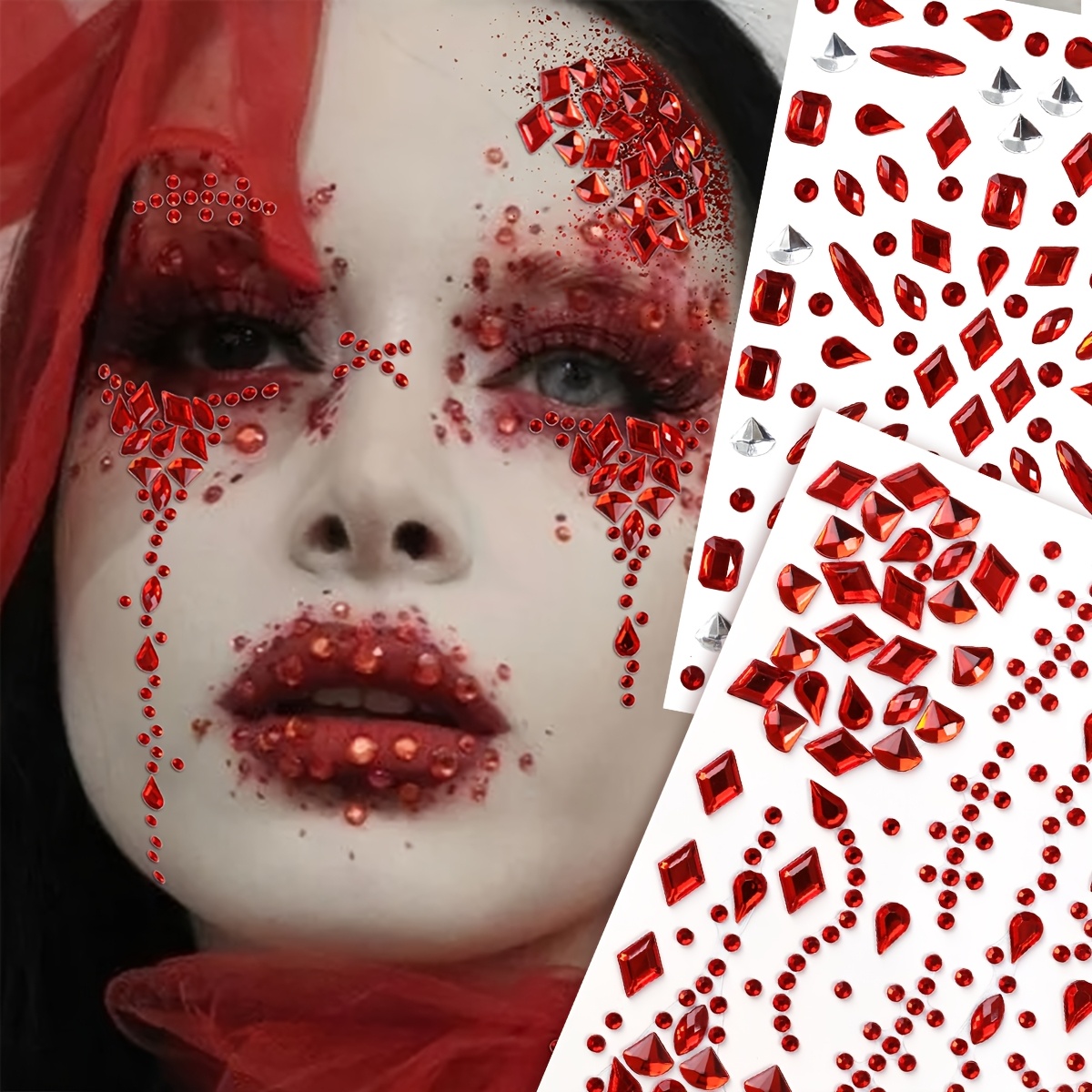 TEMU Juego de 2 piezas: Pegatinas de , pedrería y pedrería redonda + Decoraciones faciales de pedrería de y plateado, maquillaje de Halloween, regalo