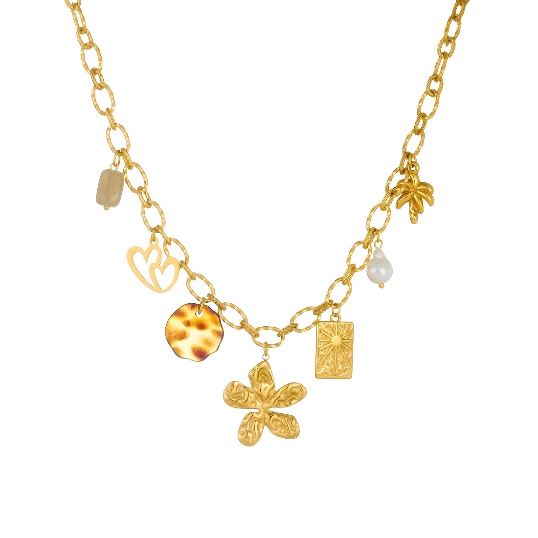 Gold-Plated Pastoral Heart-Shaped Flower Leopard Print Necklace