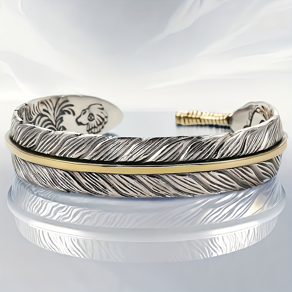 TEMU 1pc Men's Adjustable Feather Bracelet, Southwestern Western Style Alloy Cuff Bracelet, Durable Fashion Jewelry For Men, Versatile Accessory For