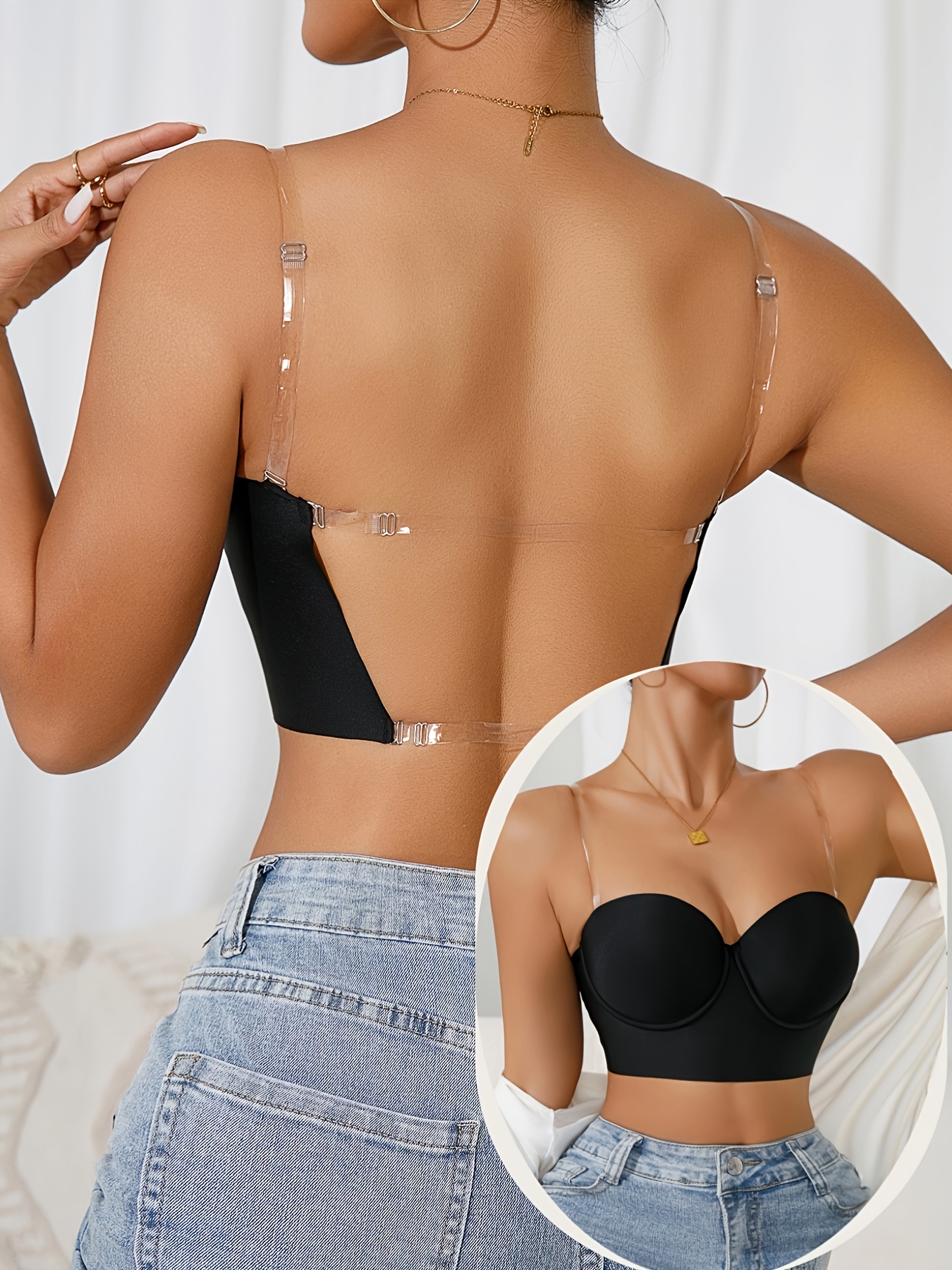 Sexy Backless Push-Up Bra - Smooth Seamless T-Shirt Bra with Underwire for Lift & Support, Solid Black Nude-Finish Adhesive Strips, Non-Removable Padded Cups, Hand Wash Only, Strapless Push Up Bra, Supportive Undergarment, Feminine Style, Backless Design, Smooth Texture