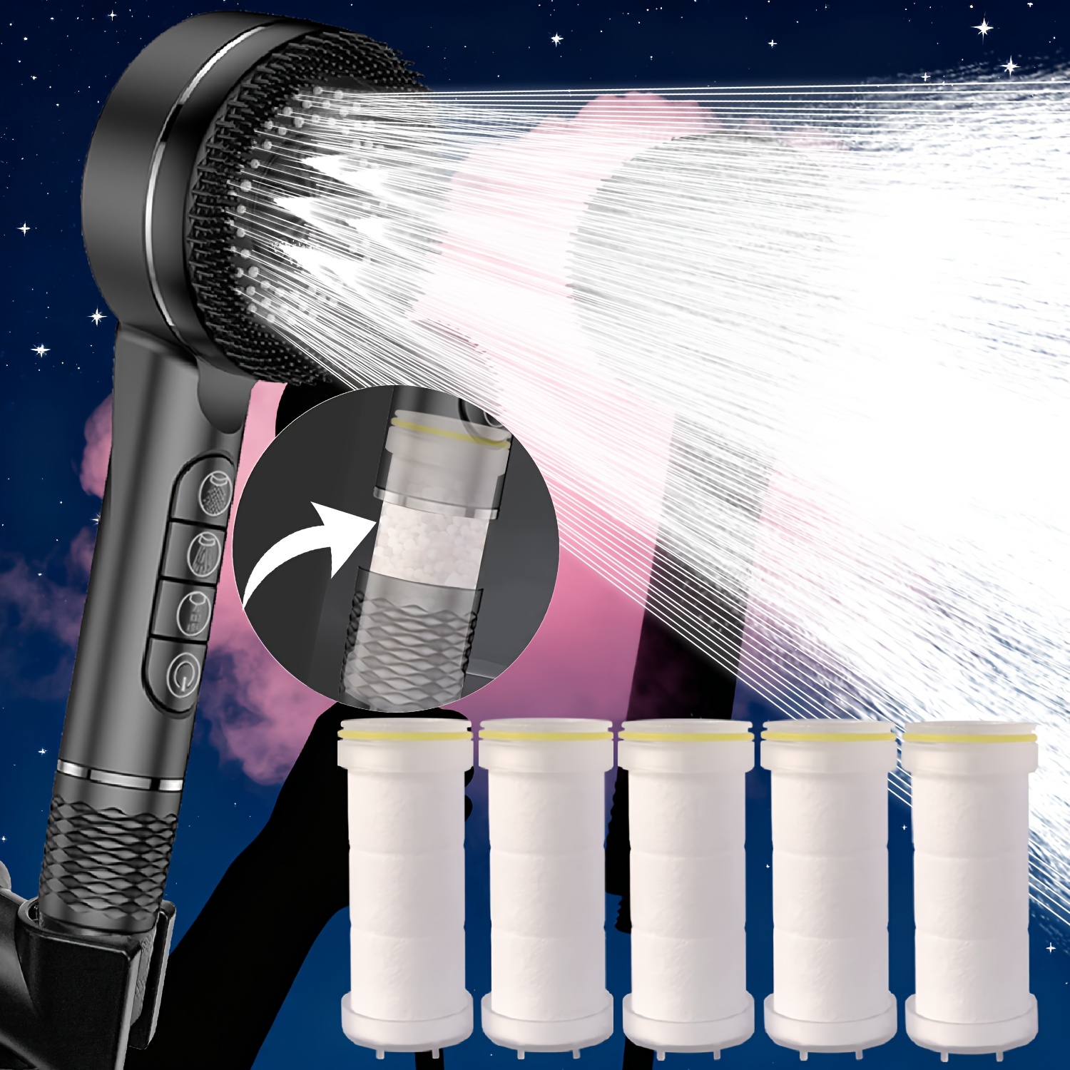 Black Color With 5 . Four-setting Pressurized Bathroom Shower Head, Powerful Boost Shower Spray For Home Bathroom Use, Including 5 Shower