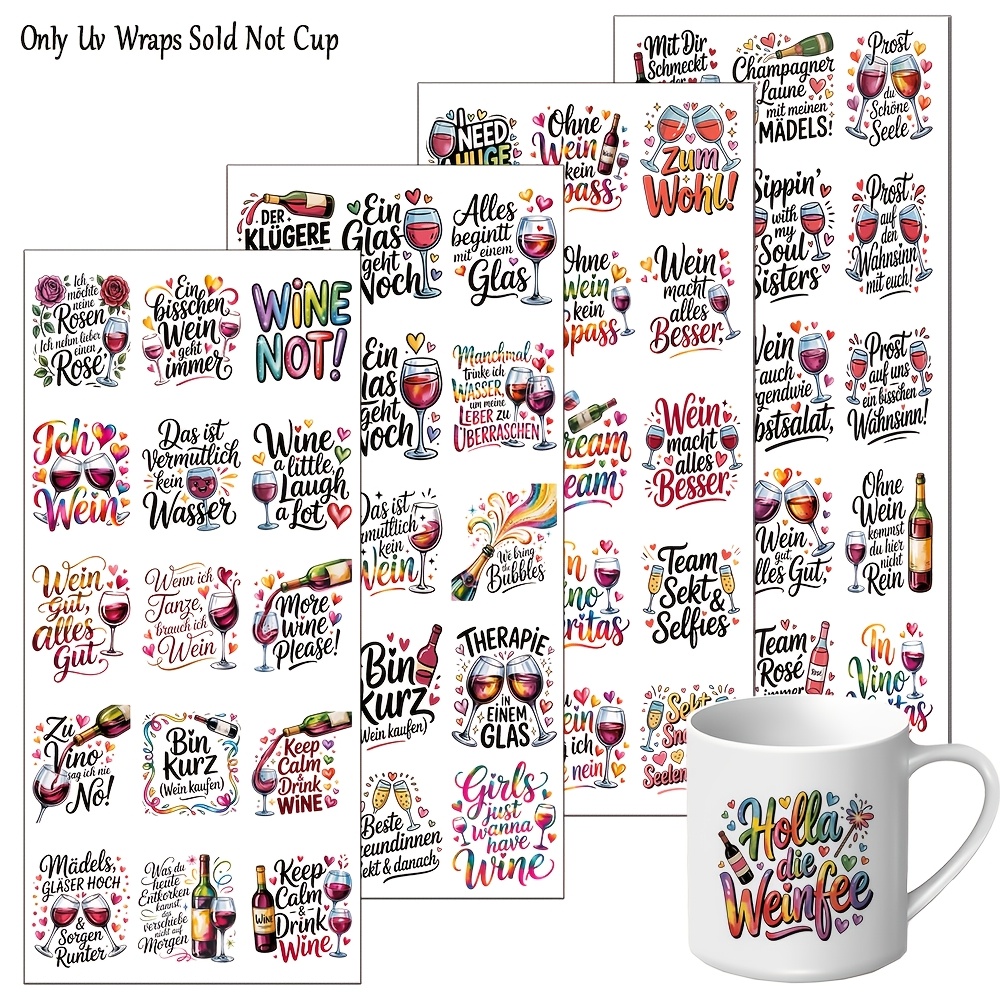 60pcs German Wine Sayings Themed Pvc Decorative Packaging Decals For 40oz Glasses. Decals With Wine Glasses And Inspirational Quotes. Clear Uv Printed Decal