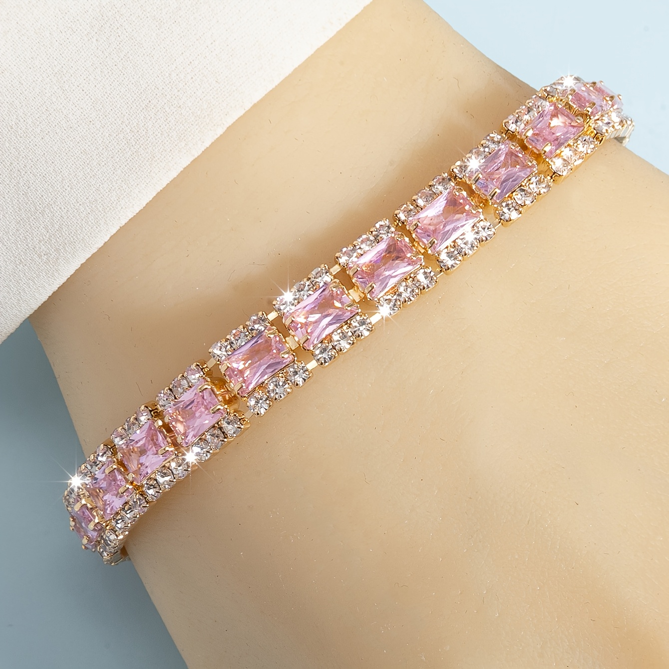 TEMU 1pezzo Bracciale Boh矇mien Regolabile per Donne con Perline Rettangolari in Zirconia Colorata, Catene di Strass Scintillanti su entrambi i lati,