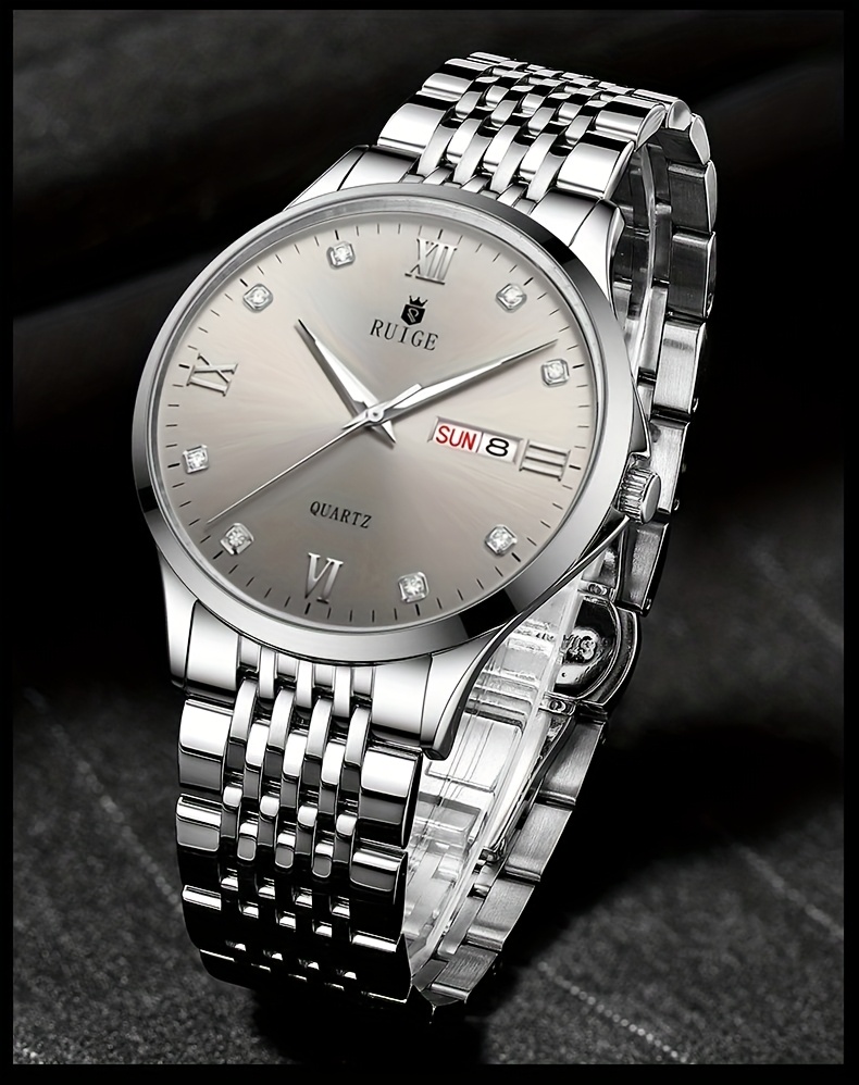  mens stainless steel quartz watch elegant glow in the dark dial with calendar roman date display design thanksgiving day gifts details 4