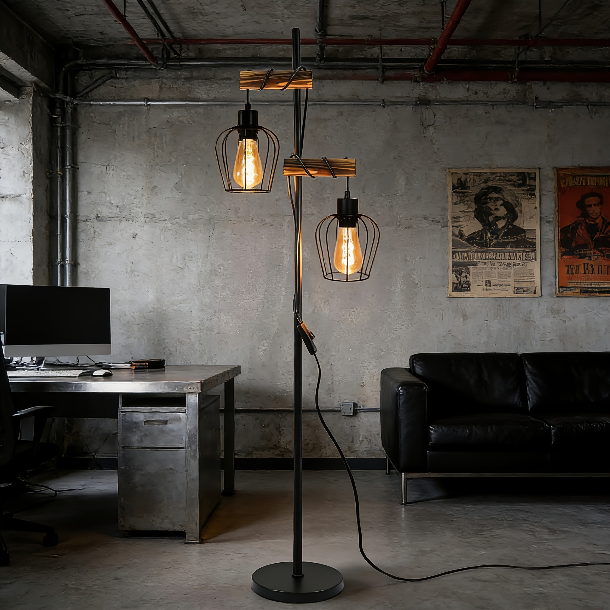 Image of Vintage Floor Lamp, Living Room 2 Flames Wooden Vintage Floor Lamp, , Made Of Golden Metal And Wood - With Switch - Black - Socket: E27 - Height: 151 - Light Bulb Not Included