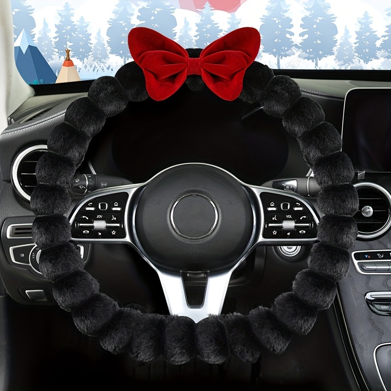 TEMU Cute Young Girl Bow Car Steering Wheel Cover, Beautiful And Stylish, A Tale Gift, Warm, Non-slip, Soft Plush, Suitable For Car And Rv Steering Wheels 38cm 15inch, For Car Interior