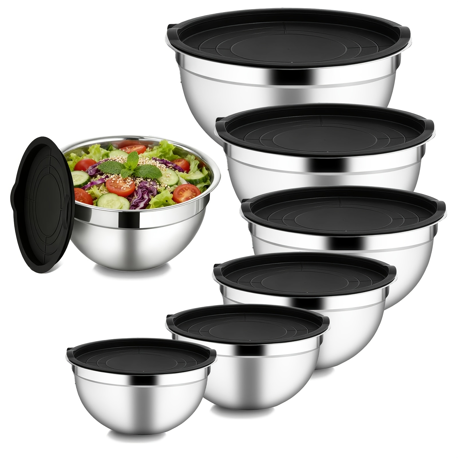 TEMU Juego de 7/14/21 piezas de cuencos de ensalada de acero inoxidable con sellada para prevención de , para hornear, cocinar y servir, cuencos de