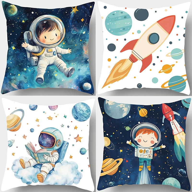 

4-pack Contemporary Space-themed Pillow Covers, 17.72" Square, Soft Polyester, Machine Washable, Zippered, Woven Decorative Cushion Cases For Living Room With Astronaut & Rocket Prints