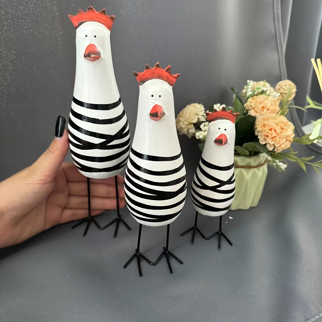 Image of Set Of 3 Wooden Rooster Statues, Decorative Crafts For Office And Home, Perfect As Birthday Gifts Or Easter Decorations