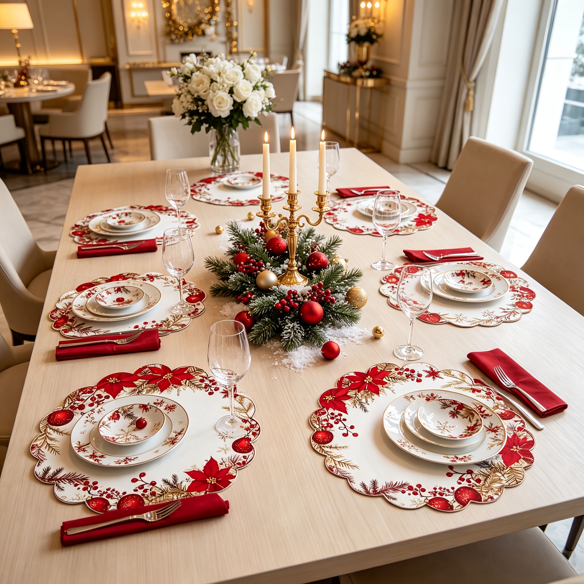 TEMU Lot de 4/6 sets de table ondulés à thème de Noël, 13,8 pouces, impression 2D avec fond à de poinsettias rouges, de rouges et de branches de pin