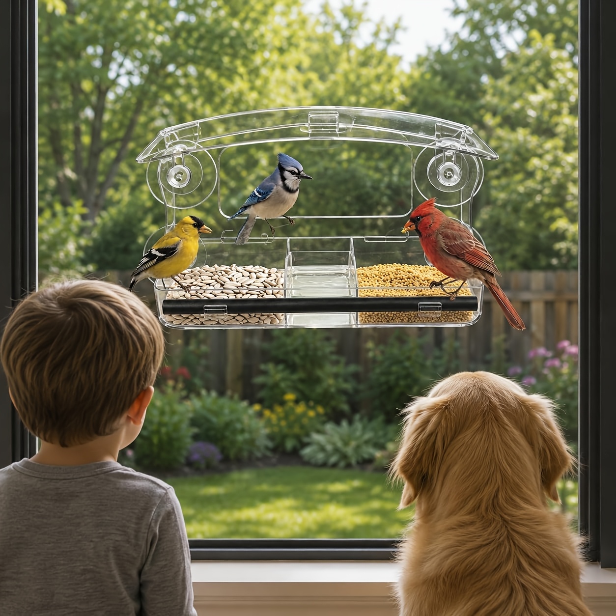 TEMU Outdoor Window-mounted Bird Feeder With 3 Feeding Compartments, Wild Bird Watching Gift, Squirrel-proof Transparent Acrylic Material, Suitable