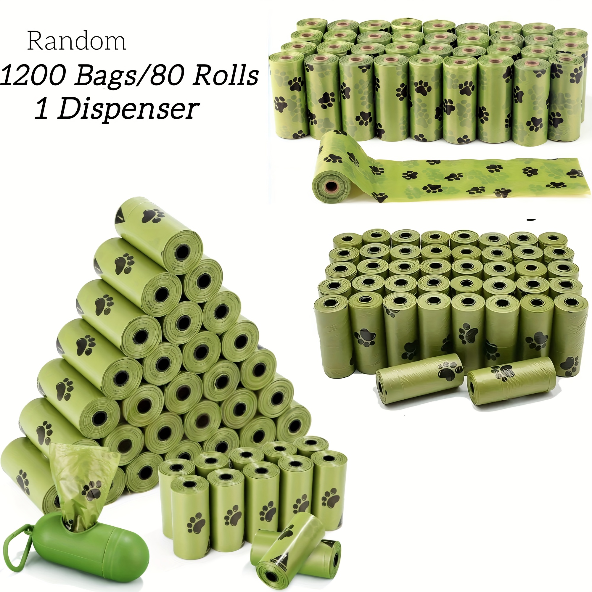 E-shop 1200 Stück/80 Rollen Auslaufsichere Hundekotbeutel, mit 1 kostenfreiem Spender mit Leinenclip, verdicktes Pfotenabdruck-Design, geeignet für