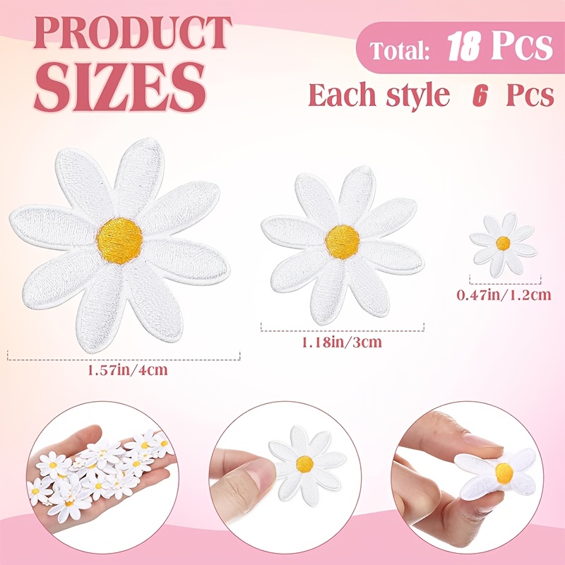E-shop Set mit 18 Gänseblümchen-Patches zum Bügeln oder Nähen, mit 3 verschiedenen Größen von bezaubernden weißen Blumenapplikationen, für Hüte,