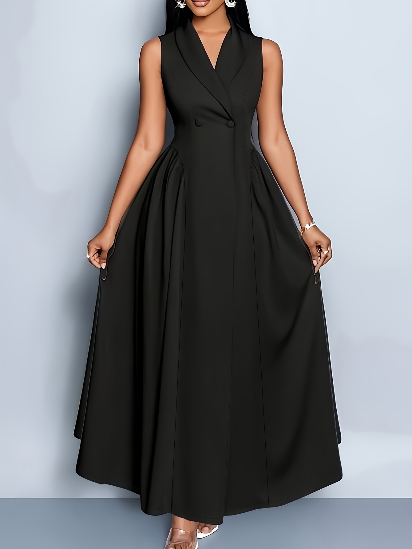 elegant black midi dress for women - sleeveless, button-up, high-low hem,  flowy a-line silhouette, spring/summer, casual to formal wear, wear | dress  | fit | Shop On Temu And Start Saving |