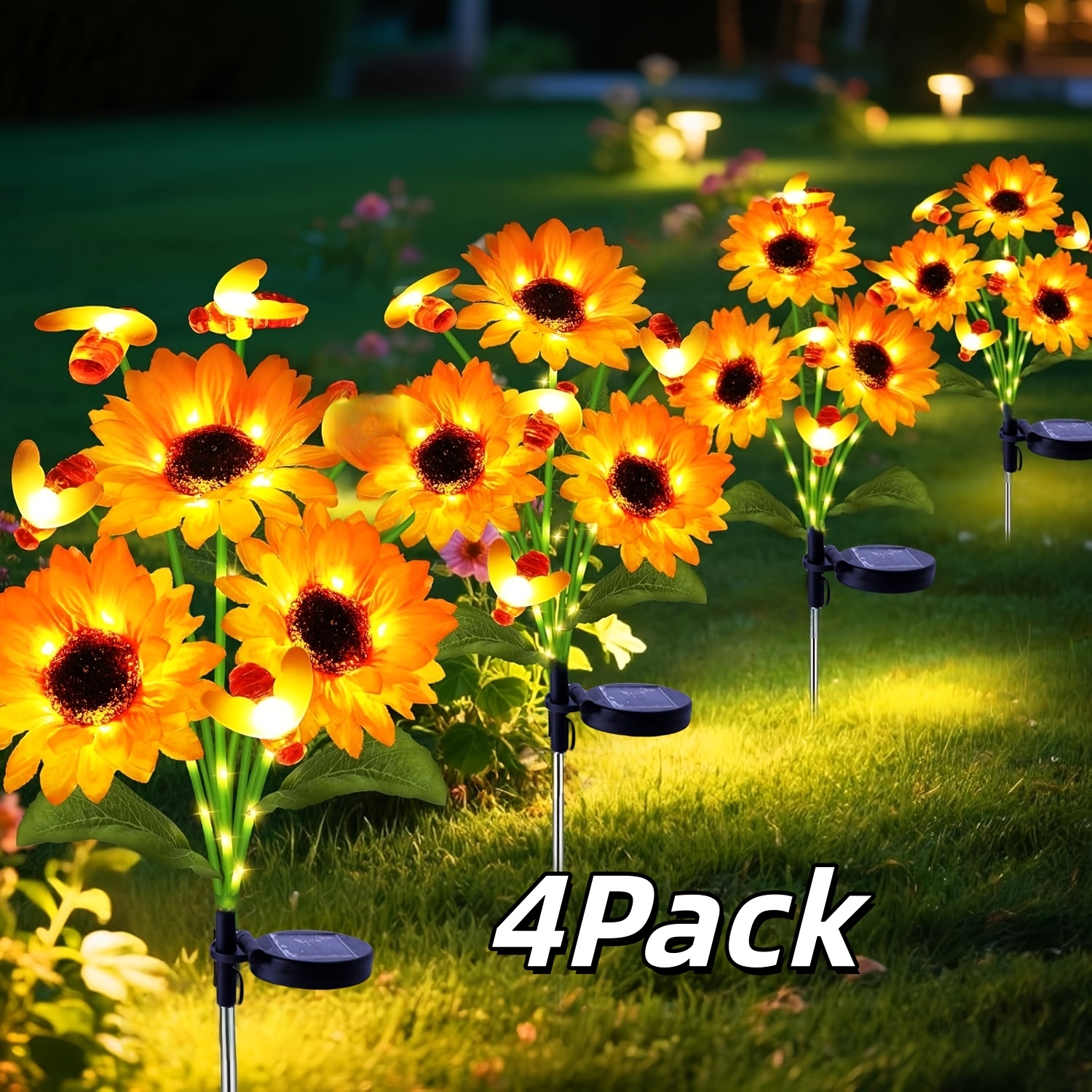 Image of 4 Pack Solar Garden Lights, Solar Sunflowers With Swaying Bee Lights, Decorative Stake Lights Gifts For Mom Women Mothers Day, Firefly Flower Solar Lights For Yard, Patio, Lawn, Landscape Decor
