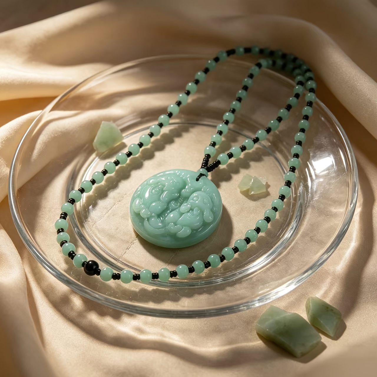 Women's Light Green Dongling Stone Pisces Round Pendant Necklace