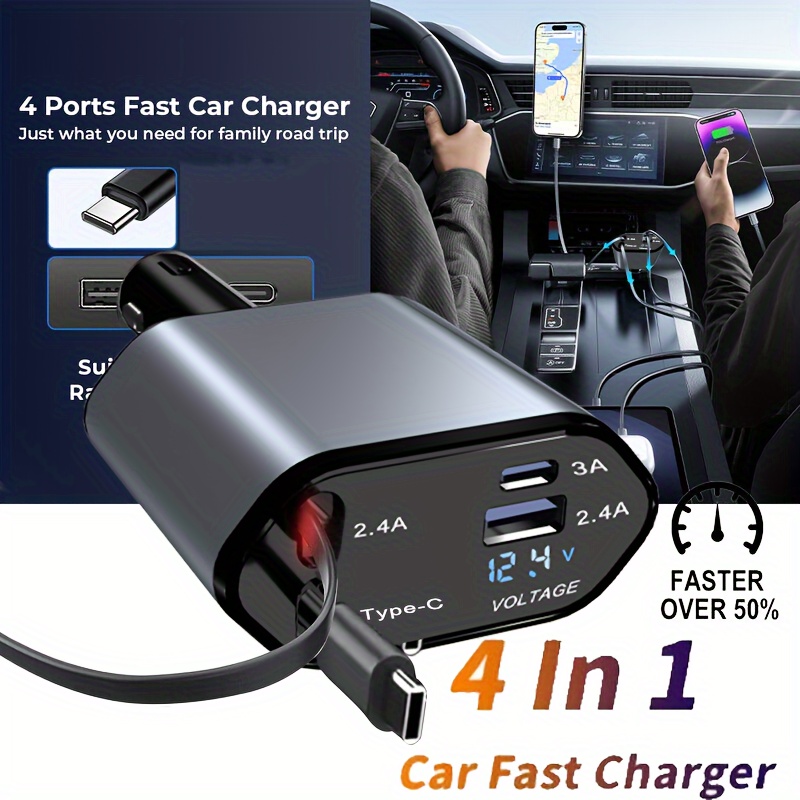 

Retractable | 4 In 1 Fast Car Phone Charger 120w |typec Retractable Cables And Usb | Compatible With 15/14/13/12/11, Galaxy, Pixel | Car Accessories |
