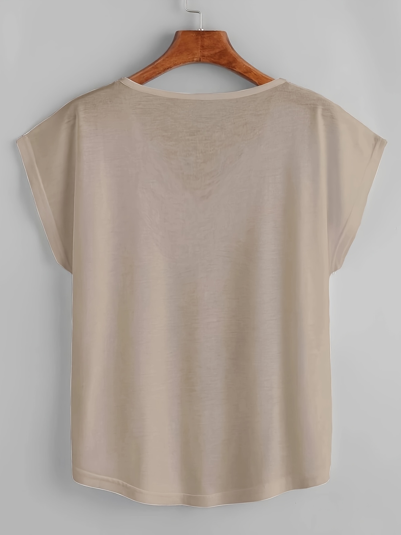 Women'S Plus Size Beige Batwing Sleeve V-Neck T-Shirt - Loose Fit, Elegant Pullover with Slight Stretch Fabric, All-Season Top, Comfortable Clothing | Minimalist Style | Glossy Finish, Plus Size Shirts