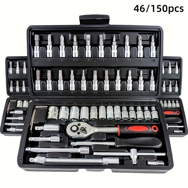 

Steel Socket Wrench Set, Multi-functional Maintenance Tool Kit, With Ratchet Torque Wrench & Screwdriver Bits, For Car, Bike, Motorcycle Repair, Uncharged Manual Tool Box