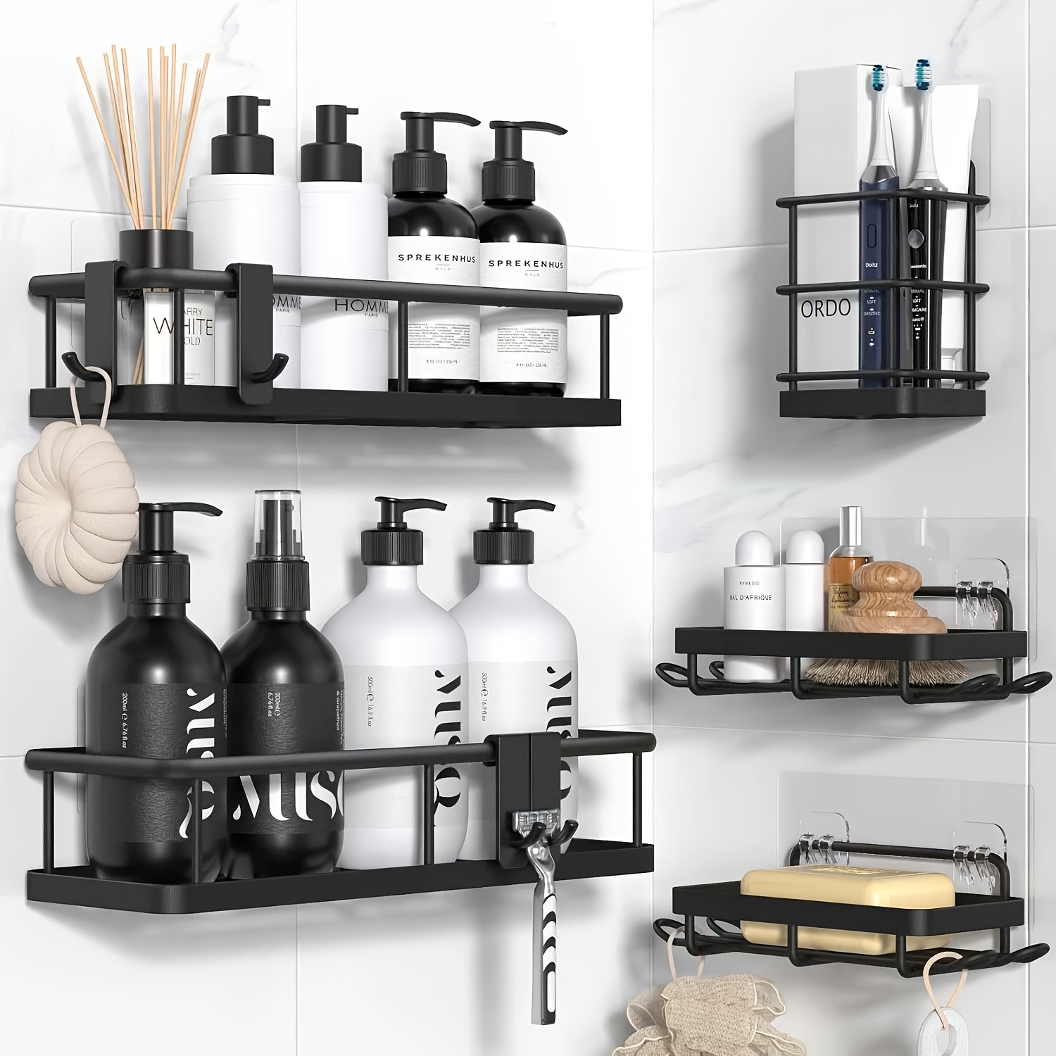 Image of 5pcs Bathroom Organizer Set - Toothbrush Holder + Soap Dish + 3 Shelves, No Drilling Bathroom Organizers And Storage Racks, Space-, Shower Caddies