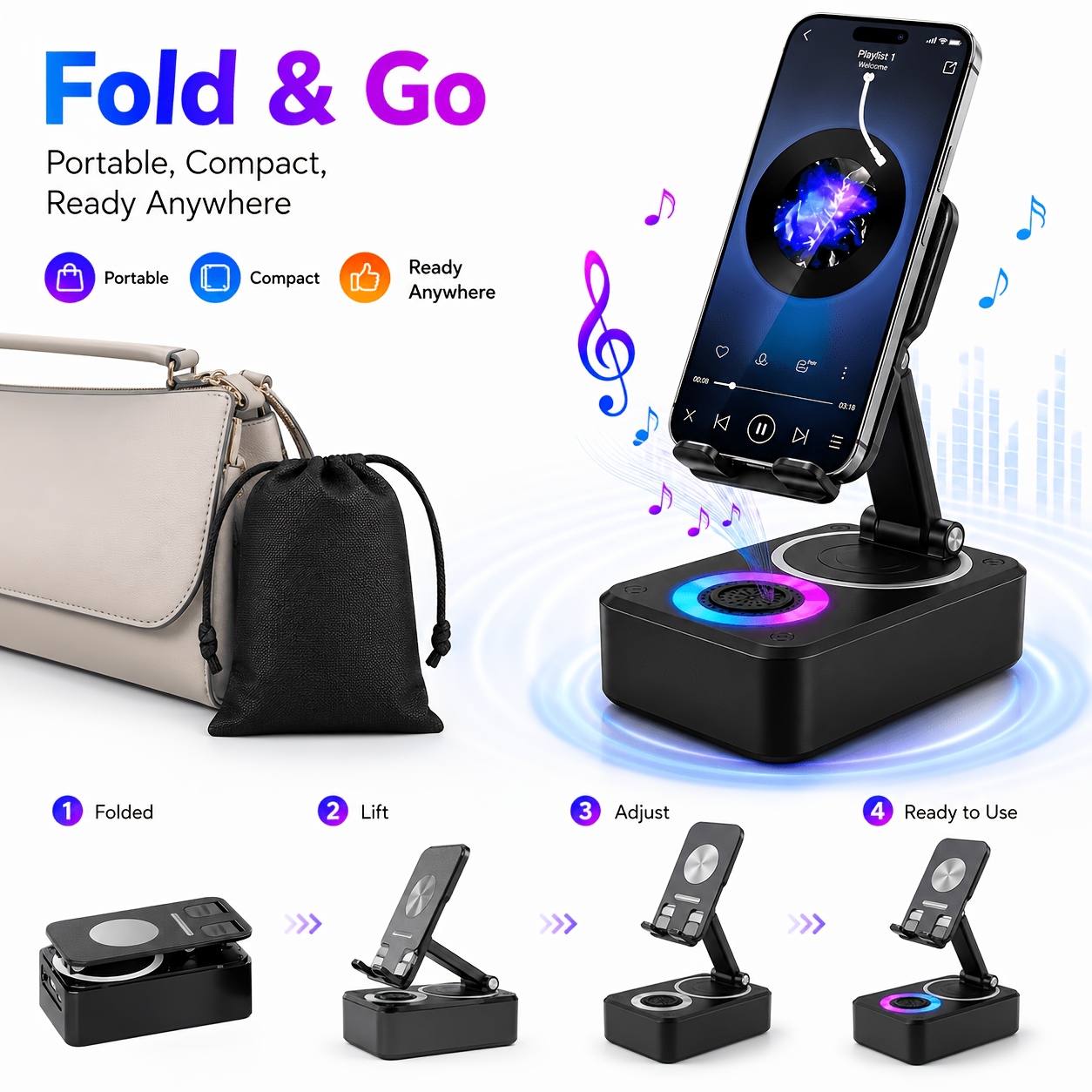 TEMU 2026 New Bluetooth Speaker, Bluetooth Stand, With Speakers, 360° Adjustable And Foldable Magnetic Bluetooth Speaker Stand, Portable Speaker,