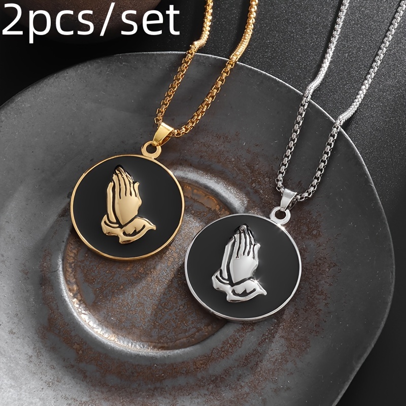 

2pcs/set Hip Hop Praying Hands Stainless Steel Pendant Necklace Round Men And Women Personalized Creative Amulet Party Banquet Gift