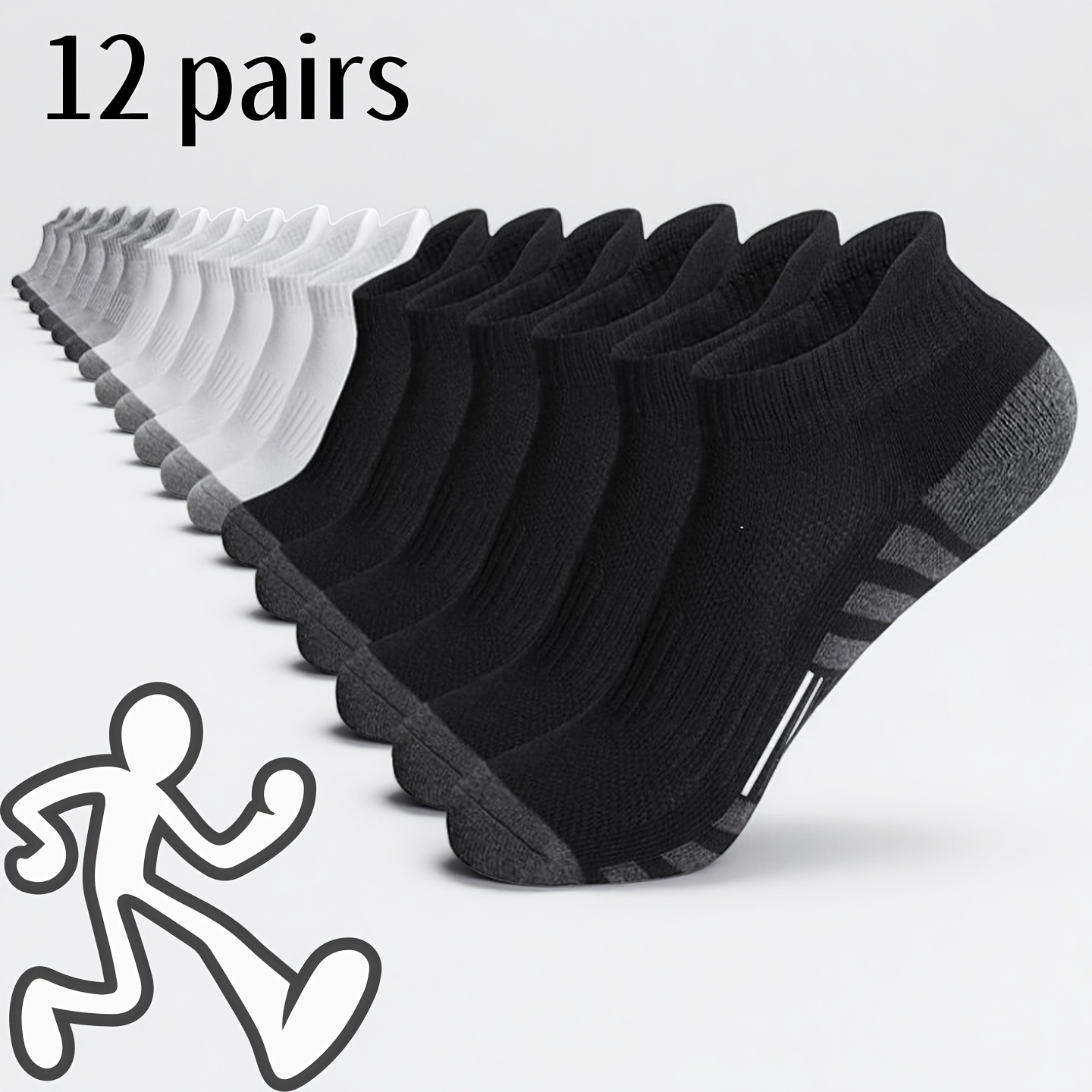 E-shop 12 Paar Herren-Sportsocken mit Atmungsaktiver Stoßdämpfung und Fußgewölbestütze - Feuchtigkeitsableitendes Streifendesign, Ganzjahres- in
