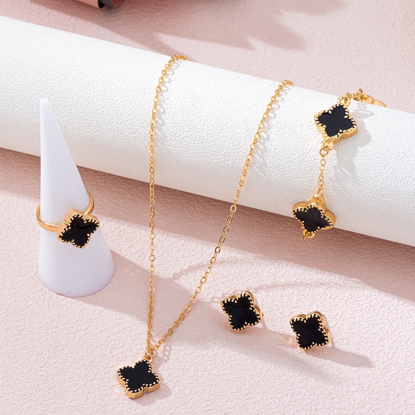 TEMU Light Luxury Niche Drip Oil Four-flower Set: Elegant Stud Earrings, Necklace, Bracelet, And Ring For Daily, Dating, And Commuting Wear