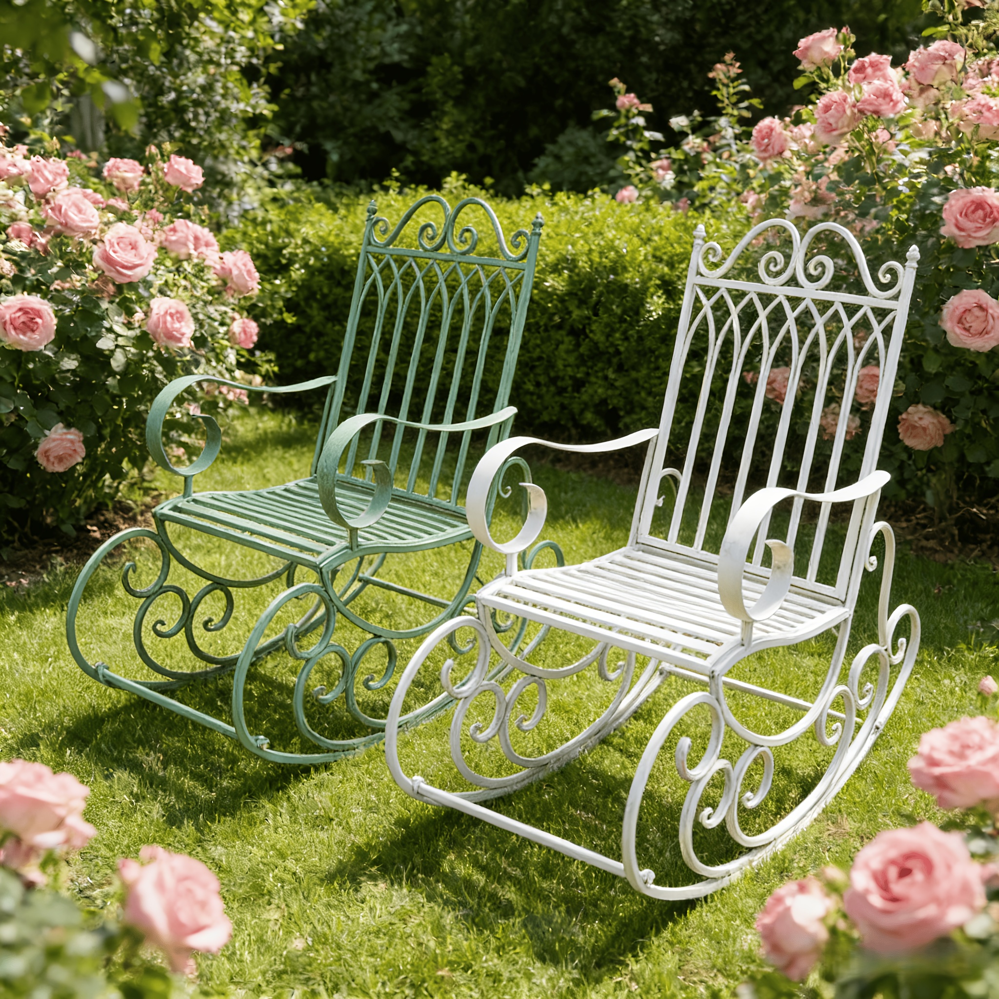[Iron Rocking Chair] Outdoor Garden Single Wrought Iron Rocking Chair - Durable Iron Frame, Patio Rocking Chair, Comfortable Reading Chair, Cross-back Design, Suitable For Gardens, Lawns, Or Outdoor Use, Garden Seating, Outdoor Furniture