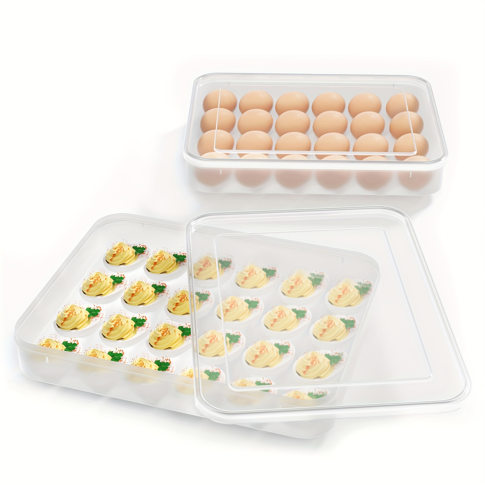 

Containers With Lid, (set Of 2), Plastic Egg Platter For 48 Devil Eggs, Clear Storage Carrier, Fridge Stackable Countertop Portable Egg Tray