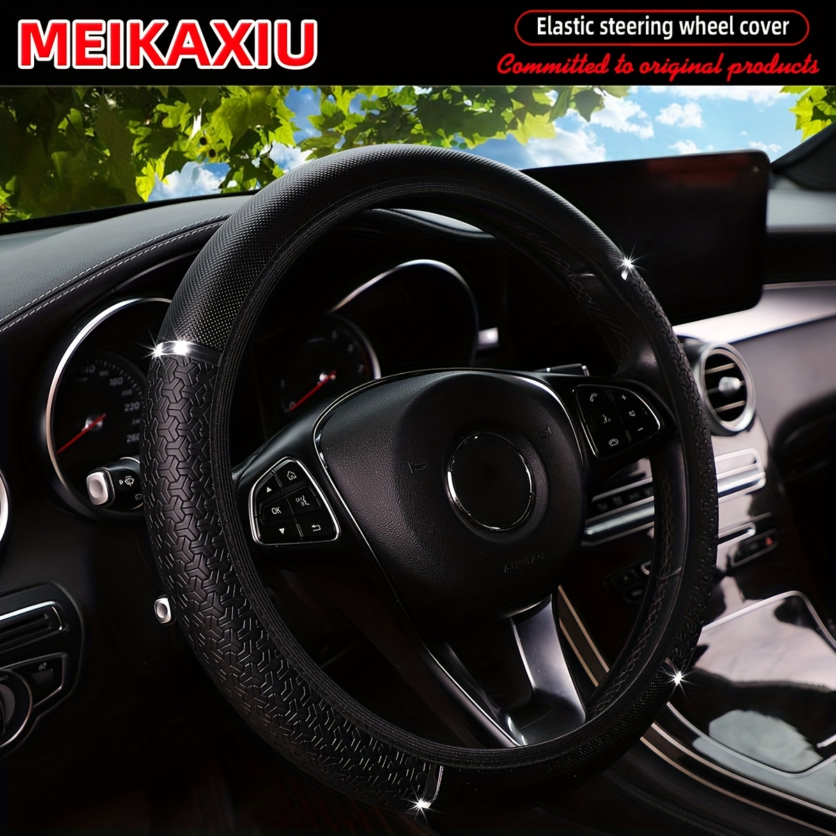 TEMU 1 Artificial Pu Leather Snowflake Pattern Metal Strip Elastic Steering Wheel Cover For -15 Inch Cars, Interior Accessory