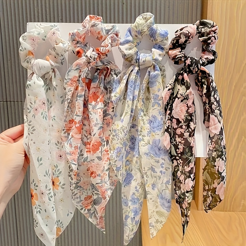 3 4 5pcs floral hair scrunchies elegant bow tassel   fabric hair ties for women stylish hair accessories for everyday special occasions cute hair accessories occasion hair ties decorative hair ties durable hair ties details 1