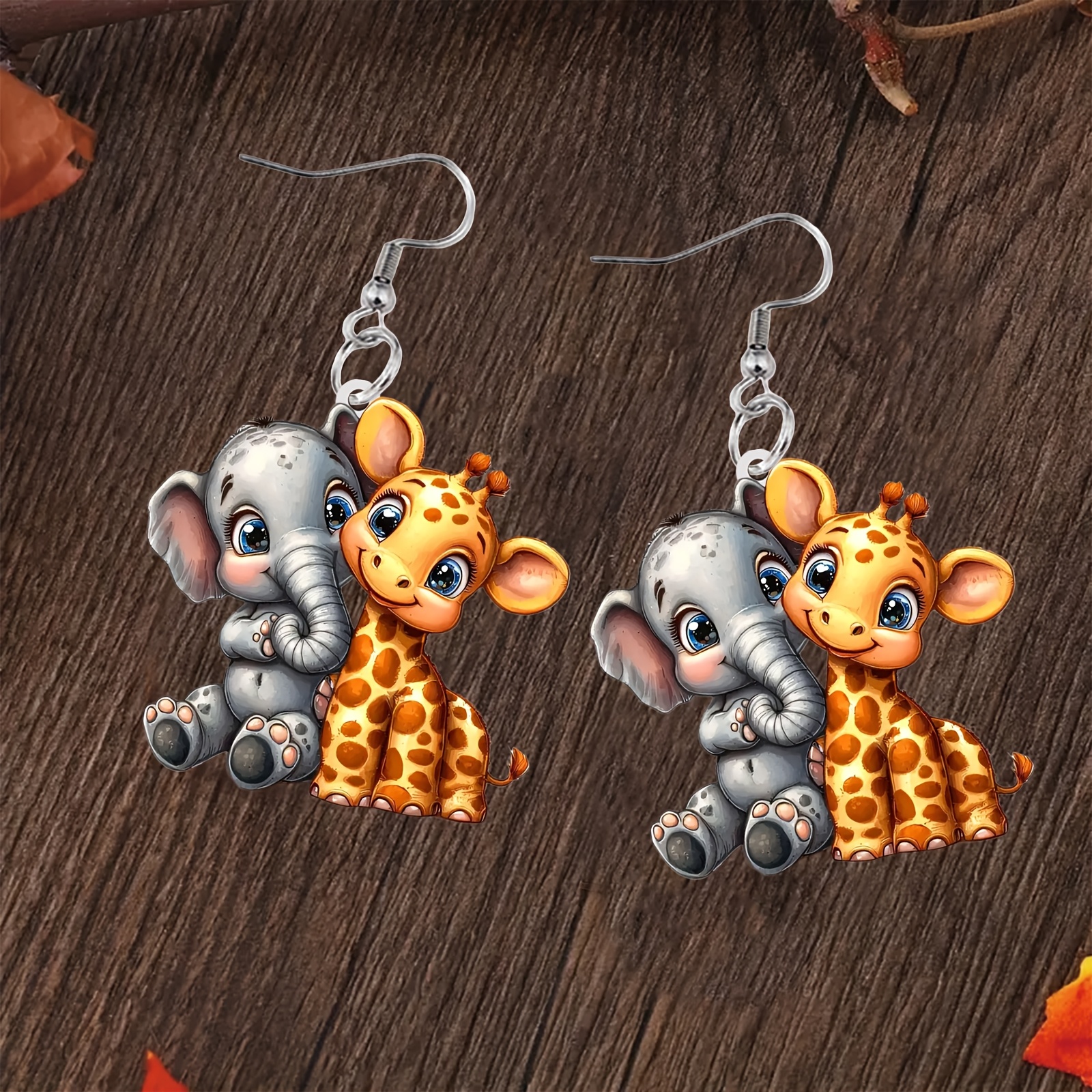 

Elephant & Giraffe Acrylic Dangle Earrings - Valentine's, & Casual Wear, Stainless Steel Posts, Cute Cartoon Style, Gift-friendly Jewelry