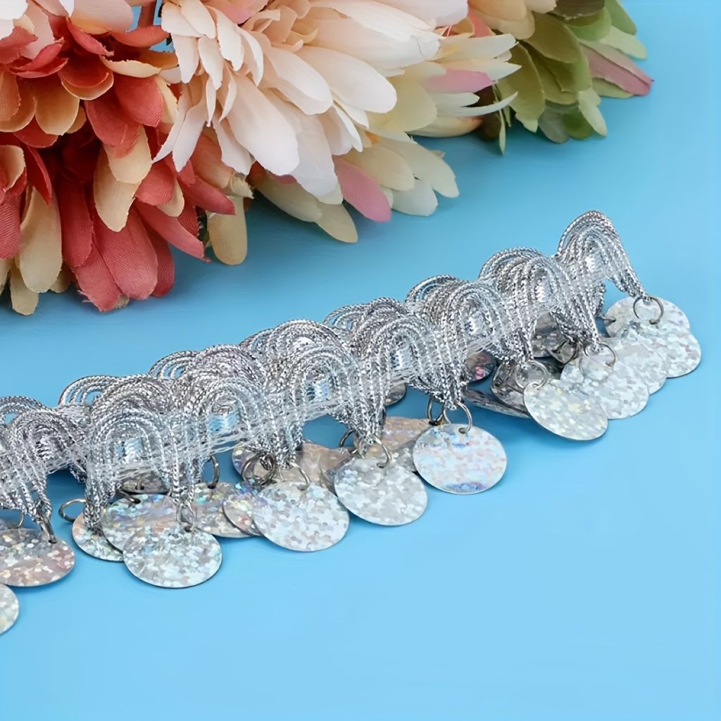 TEMU 1yd Long/3.5cm Wide Circular Sequin Tassel Lace, Suitable For Belly Dance Hip Scarves, Dance Costume Decoration, Handmade Diy Home Curtains, And