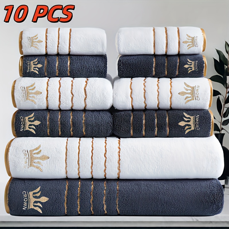 10pcs Luxury Bath Towel Set with Golden Crown & Stripe Design - Extra Large 70x140cm/27.5x55in, Large 42x70cm/16.5x27.5in, Small 35x35cm/13.7in - Plush Microfiber Spa Towels in Elegant Dark Brown & Golden for Bathroom, Gym, Hotel, Spa - Ideal Gift Set with Black & Golden Trim, Ultra-Soft & Durable, Perfect for Home or Travel, Includes Bath, Hand, and Face Towels, Towels Bath Towels, Bathroom Towels