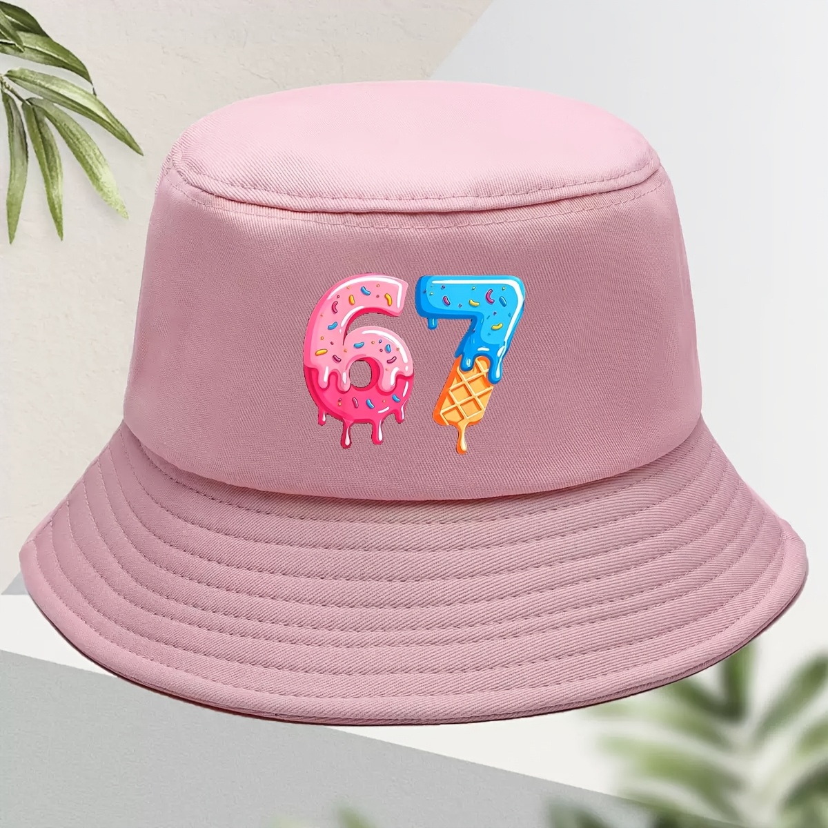 TEMU Men's Drip Pattern No. 67 Bucket Hat - 60s/70s Style Pink And Colorful Sprinkles, Ice Cream Cone And Drip Design - Foldable, Suitable For Casual