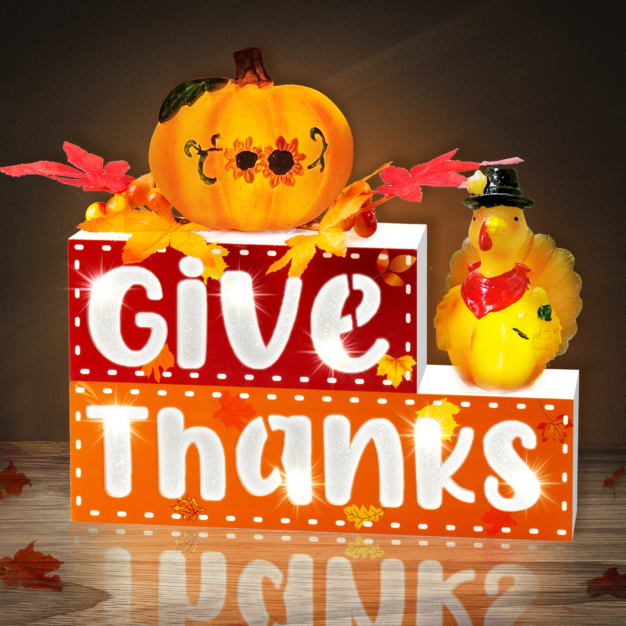 

Fall Decorations For Home, Lighted Thanksgiving Wood Block Sign With 3d Letters, Pumpkin, Turkey, Maples, Fruit, Timer, Battery Operated Thanksgiving Sign For Table, Mantle, Shelf, Fall Décor
