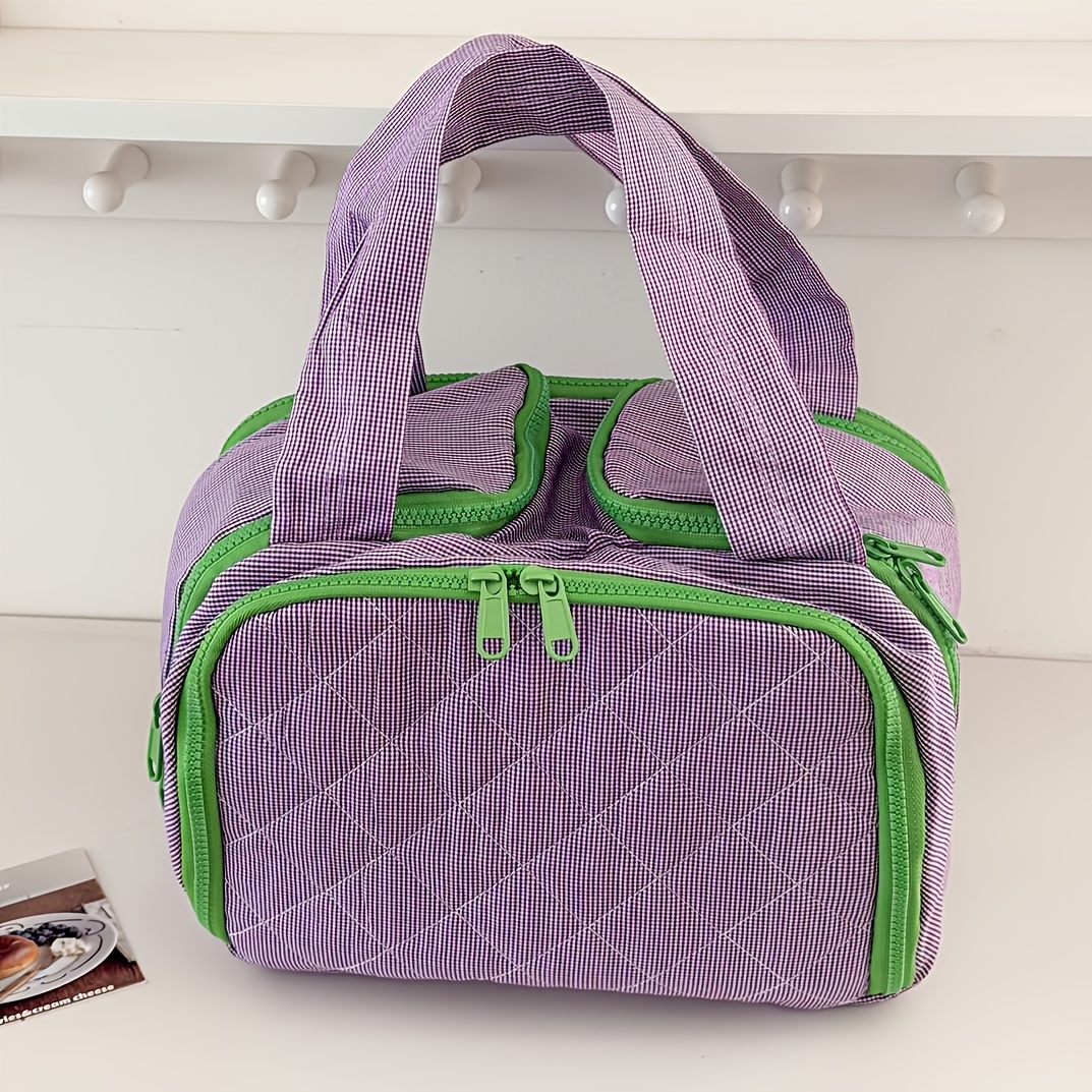 Image of Large Capacity Foldable Travel Makeup Bag With Multi-compartment Suitable For & Toiletries, Portable Hand Carry Handle, European Style Plaid, For & Men,, Gym, Daily Use