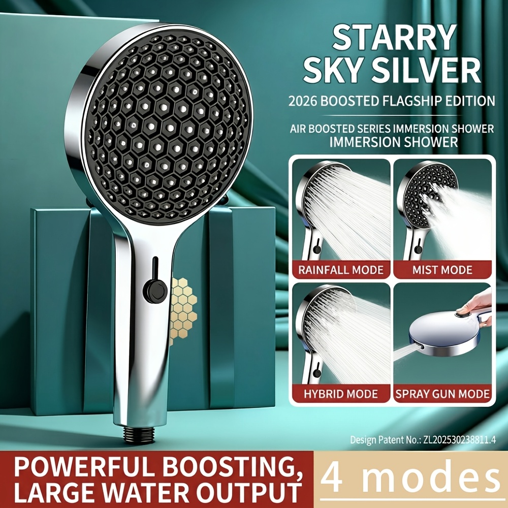 TEMU Large Flow Showerhead Silvery End, 4 Adjustable Modes, High-quality High-pressure Water-saving Showerhead Nozzle, Bathroom Additions,