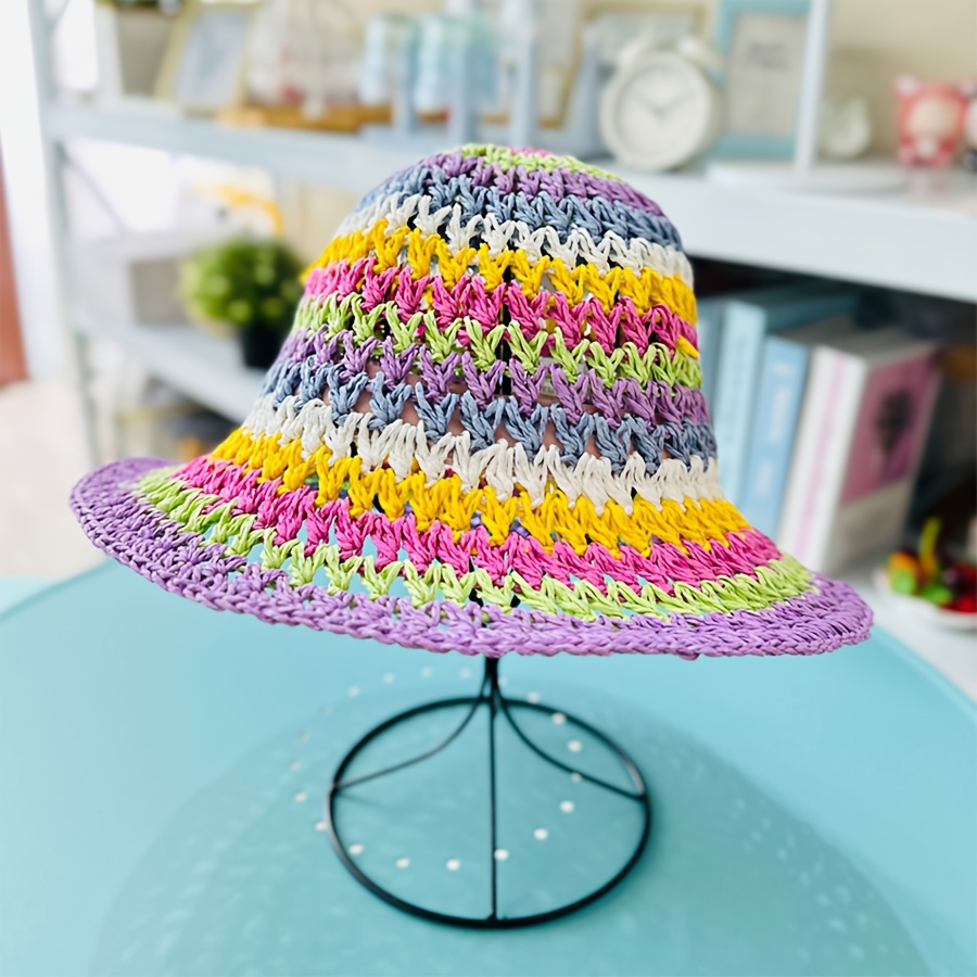 

Spring/summer Rainbow Crochet Sun Hat, Breathable Hollow Out Beach Bucket Hat, Personalized Vacation Travel Cap