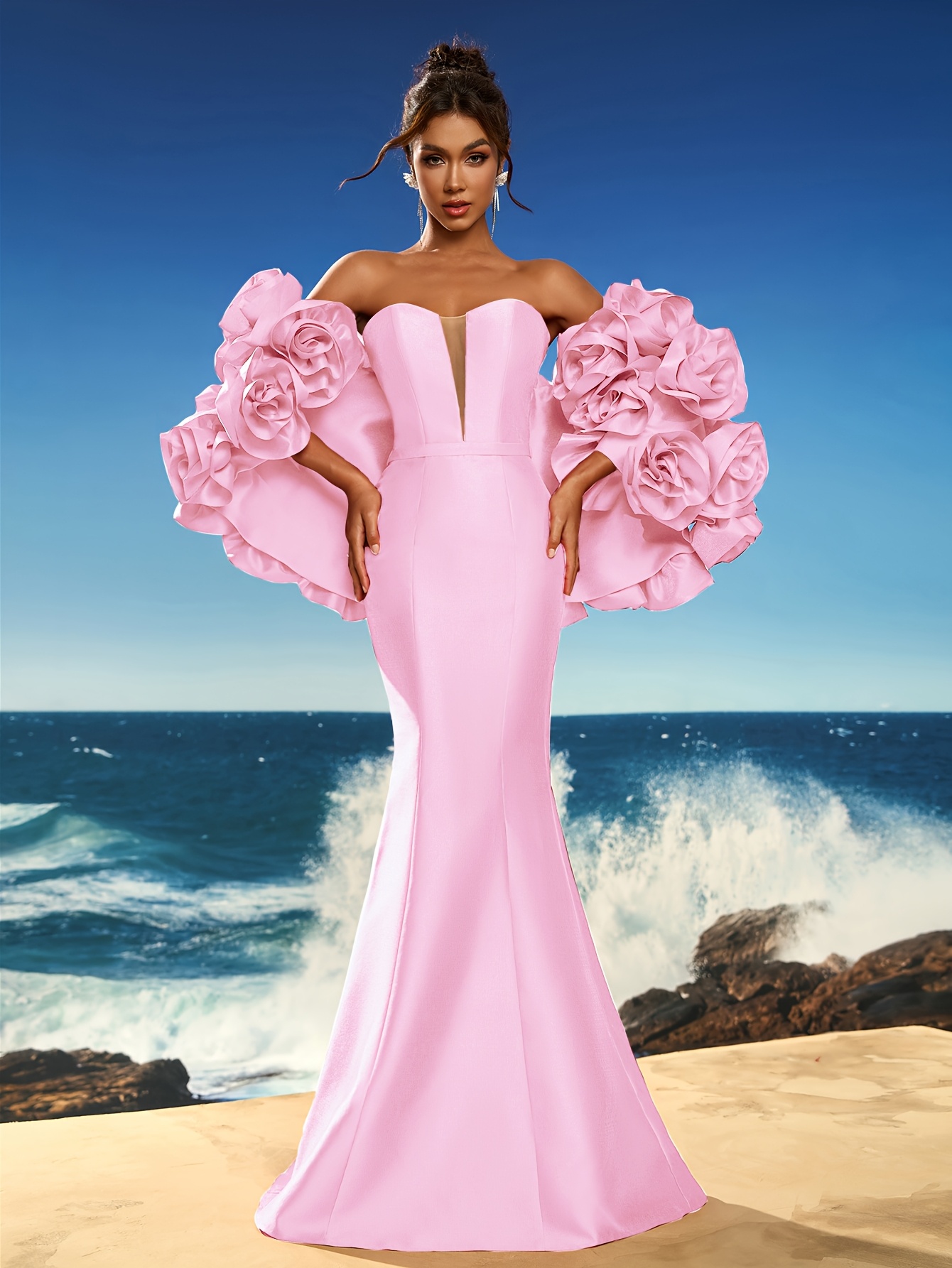 Women's Luxury Formal Evening Dress with 3D Hand-Flower Coat Jacket  Detachable Bubble Sleeves Strapless Mermaid Wedding Gown, Prom Dress,  Party At