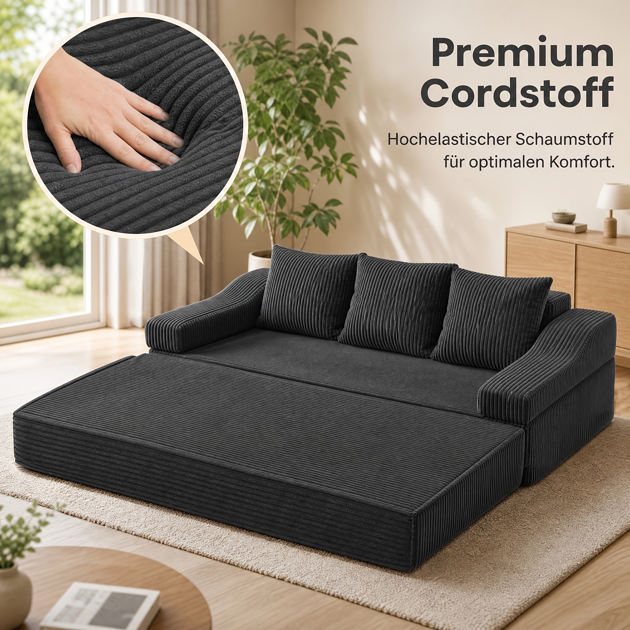 Image of Floor Sofa Bed 2-in-1, Boneless Folding Sofa With Cushions, 3-seater Sofa Bed With Sleeping Function, Foldable Floor Couch In 2 Sizes 160x180cm/ 176x200cm, For Living Room, Bedroom &