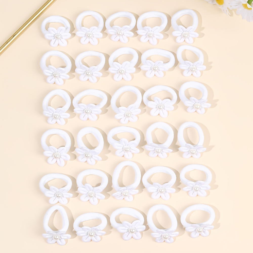 30pcs Mini White Floral Hair Ties For - Small Elastic Flower Buns, Braids & Ponytails, Cute Low-maintenance Hair Accessories, Pack For, Parties, Weddings ()
