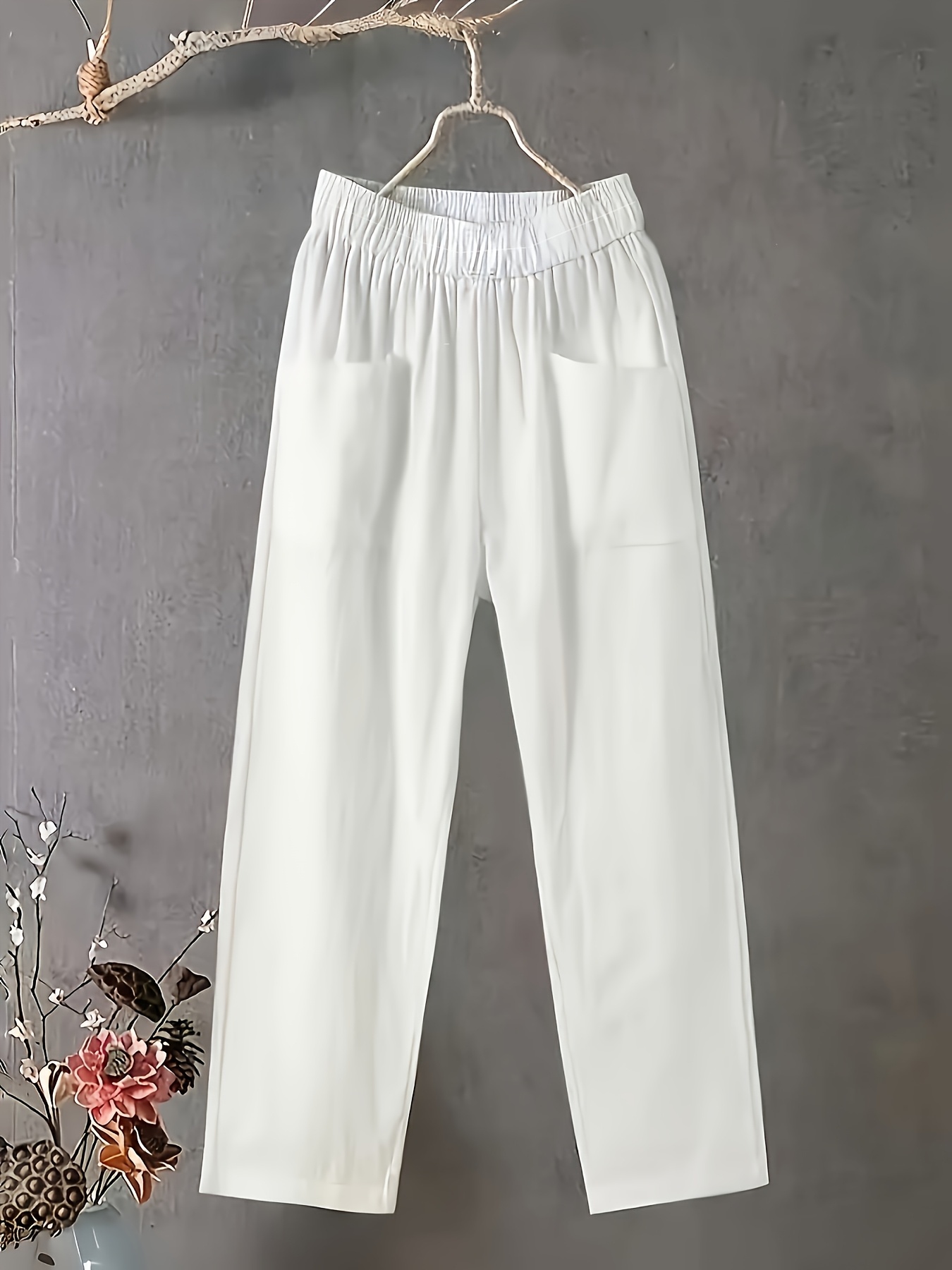Women's Plus Size Lightweight Straight-Leg Pants - Casual White Harem Style, Elastic Waistband, Polyester, Machine Washable for Spring/Summer/Fall