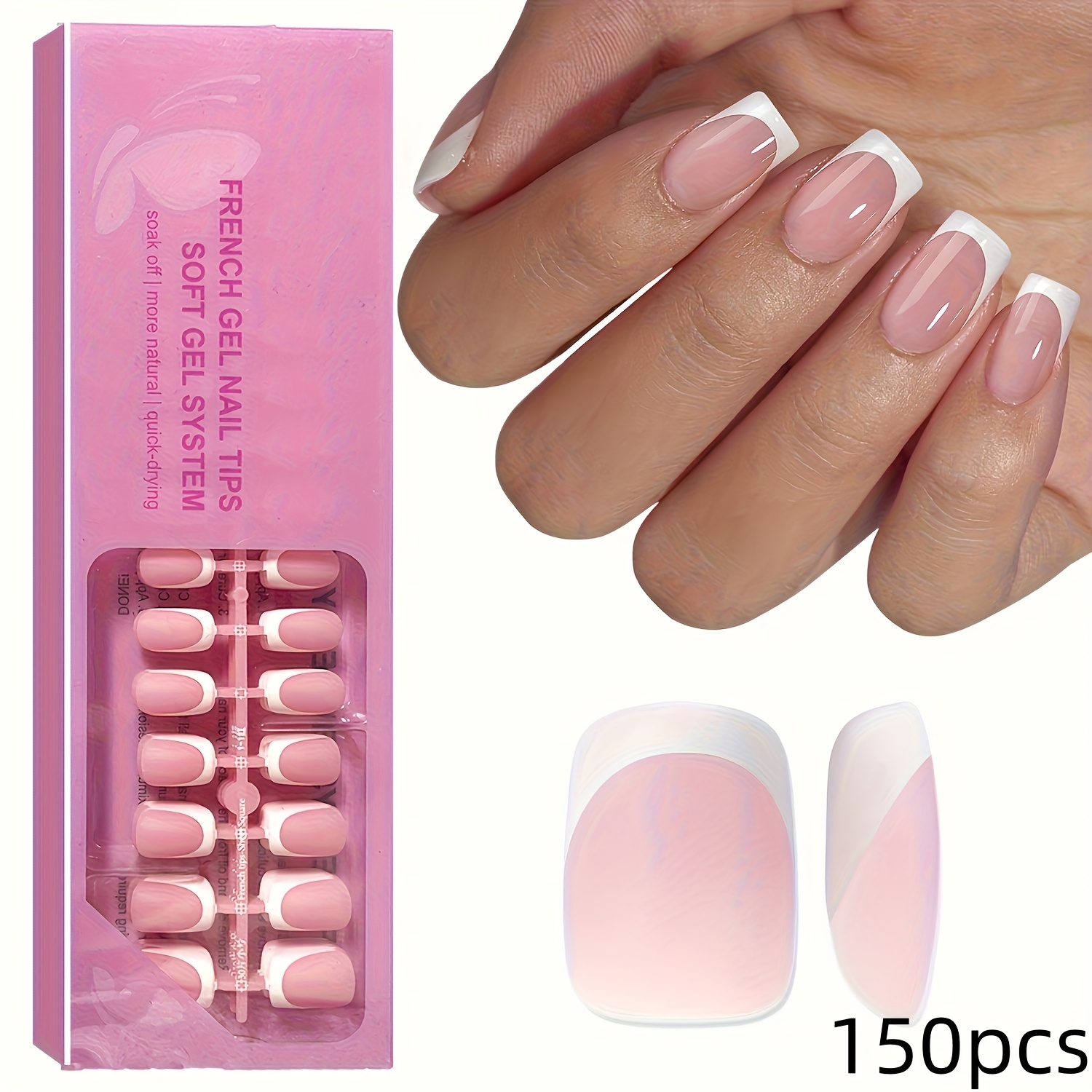 Image of 150pcs Of French Tips, Short Square Pink And White Press-on Nails In 15 Sizes, Durable Fake Nails, For Diy Women's Nail Decoration Acrylic False Nails.