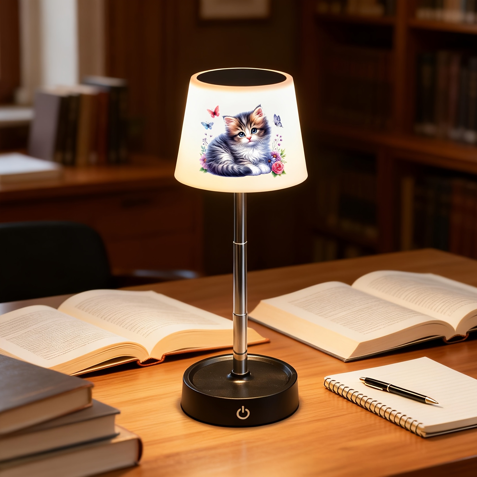 Cute Fluffy Kitten with Flowers & Butterflies Pattern Desk Lamp, Rechargeable LED