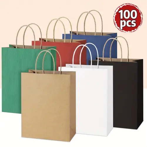 shopping gift bag 100pcs 25x10 5 inch paper bags with handles reusable small business commercial medium paper bags food shopping bags retail product bags birthday party gift bags wedding gift bags easter market display packaging diy durable and