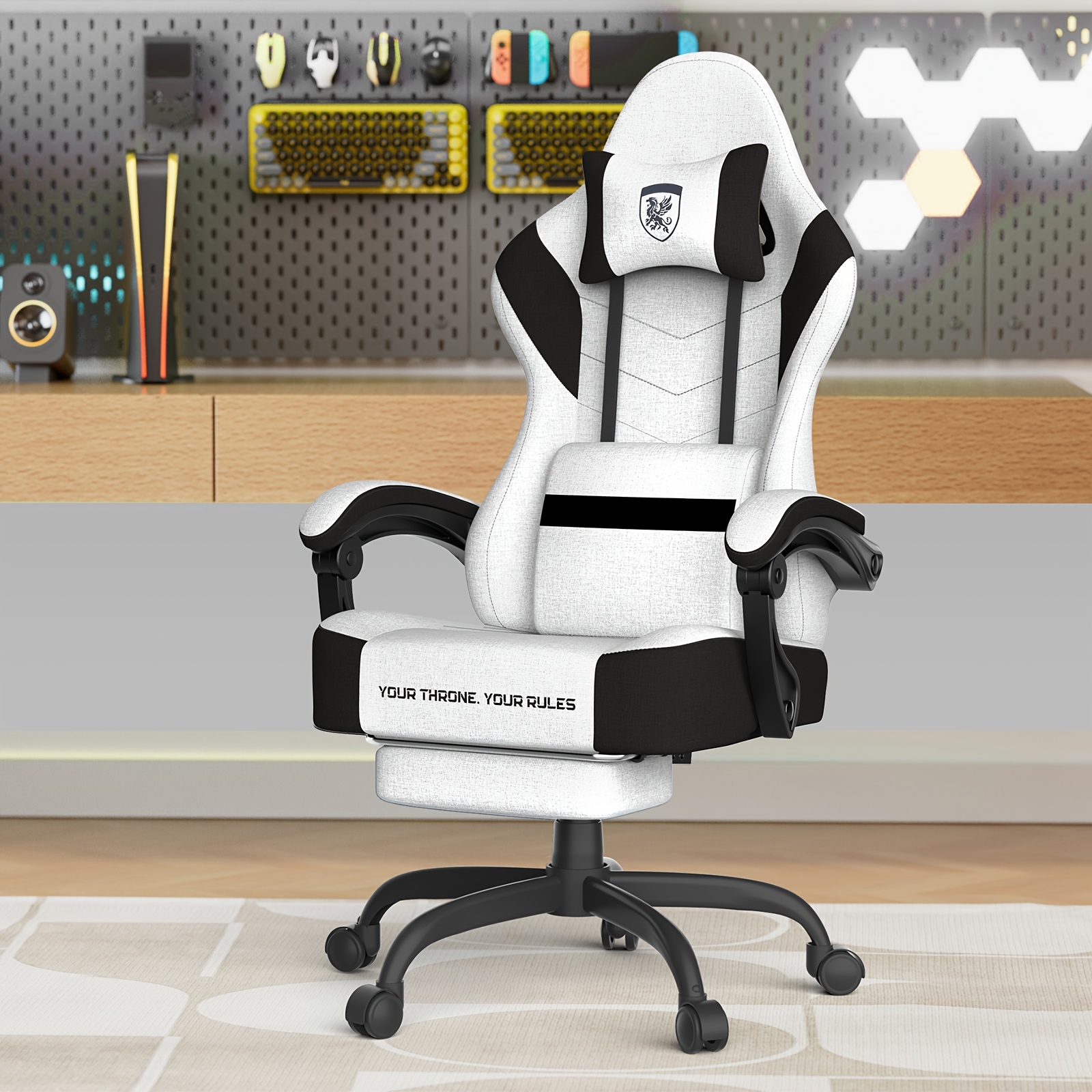 Image of Gaming Chair With Massage Function & Footrest, Ergonomic Office Chair Made Of Breathable Fabric, 135° Reclining, Load Capacity 113kg, With Adjustable Armrests, Black And White Gamer Chair For