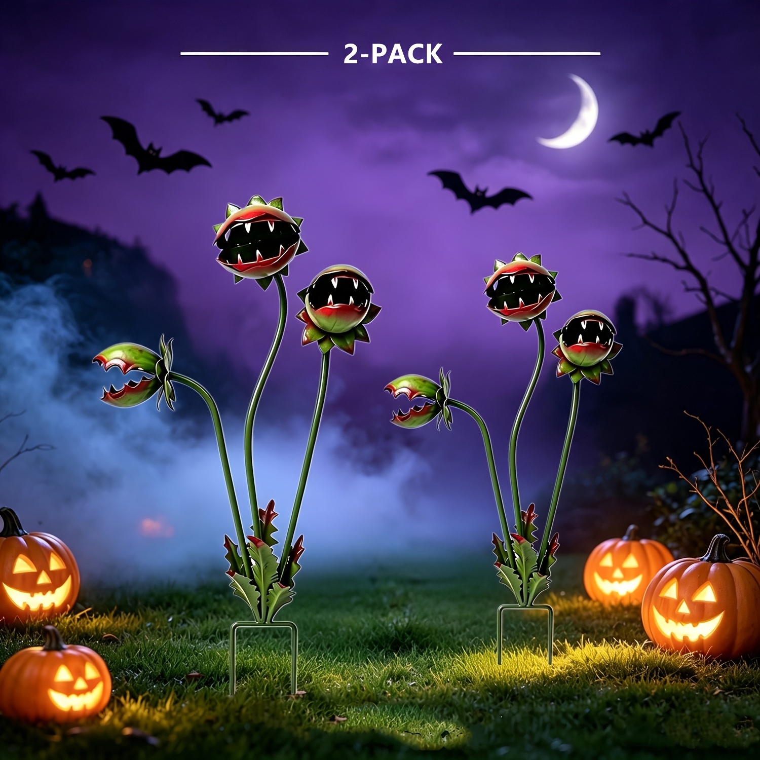 Image of [3d] [3d] 2 Pack Halloween Outdoor Decor Halloween Garden Stakes 3 Head Metal Venus Autumn Yard Ornaments For Garden Patio Walkway Camping Flower Pot Holiday Gift